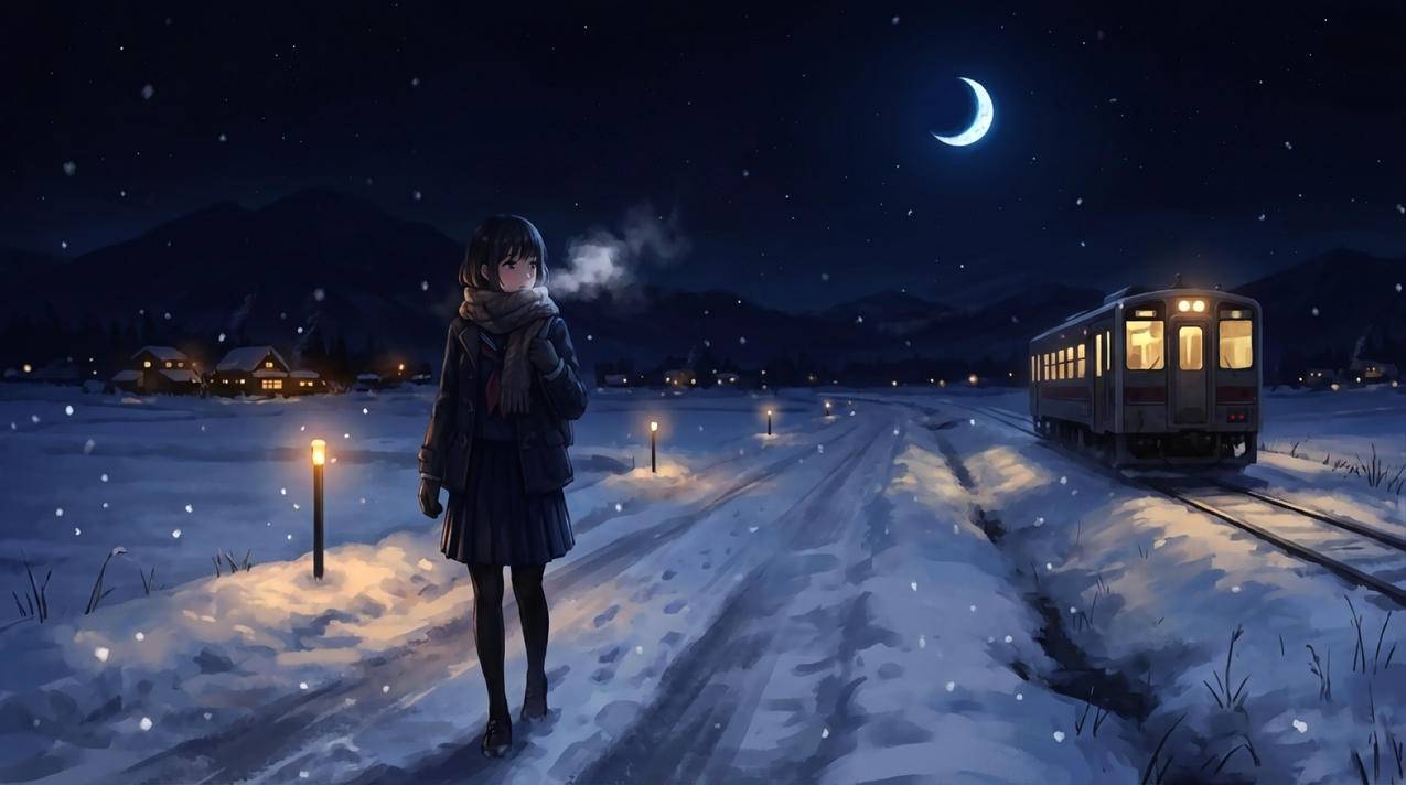 雪 动漫女孩短发 围巾 黑色手套 夜晚天空 月光 铁路 火车 4K壁纸