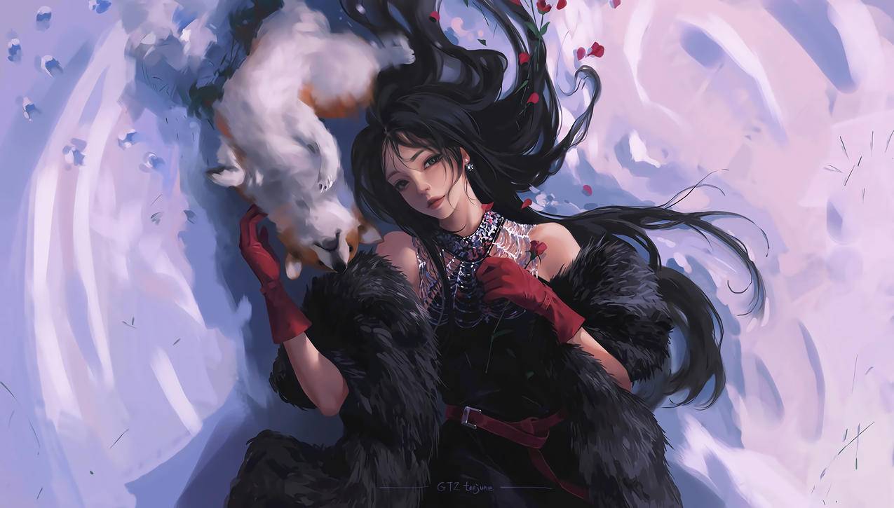 冬天 女孩子 黑色皮草 手套 小狗 唯美插画4k动漫壁纸