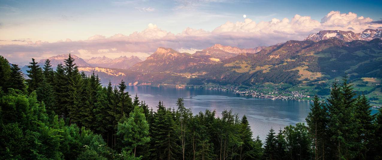瑞士苏黎世湖村风景带鱼屏壁纸