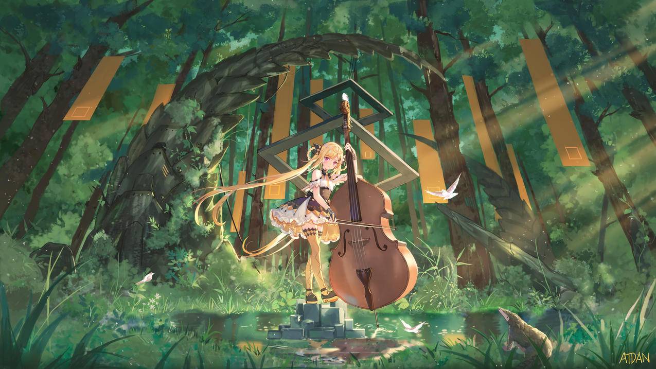 拿小提琴的女孩子 森林 湖水 小鸟 穿山甲 4k动漫壁纸