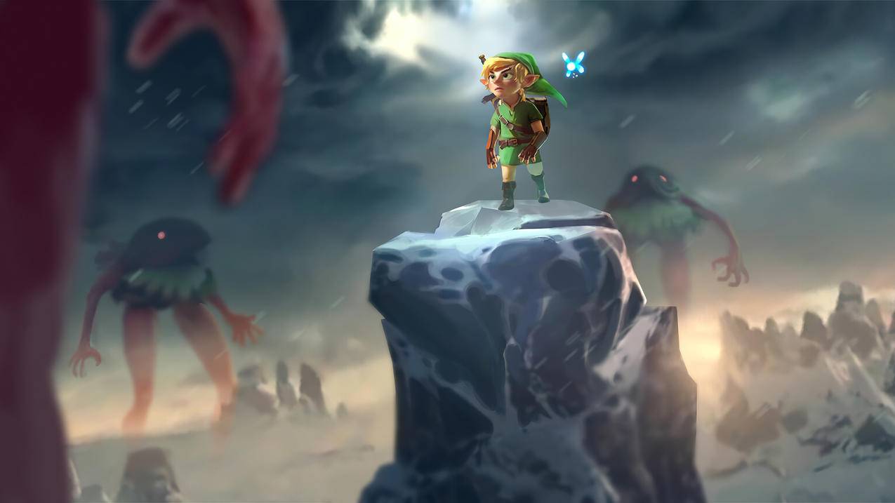 The Legend of Zelda塞尔达传说 石柱上 雪冰山 怪物 绿衣精灵 4K高清壁纸