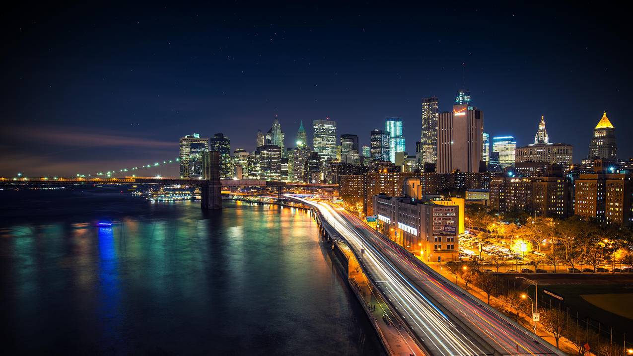 曼哈顿大桥夜晚风景4k壁纸