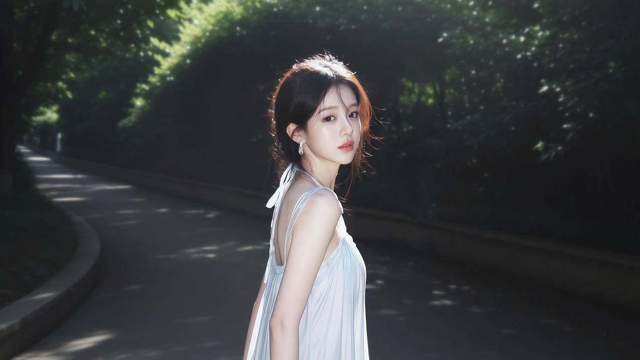 公园 美女侧脸 白色裙子 4K壁纸
