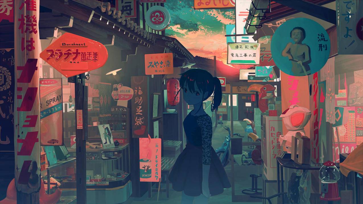 女孩 异世界 夕阳 空间 旅人 风景插画 4k高清壁纸