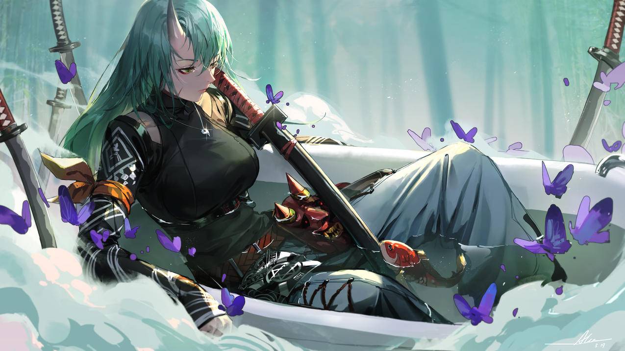 明日方舟 星熊 刀 鱼 面具 浴缸 紫蝴蝶 4K高清动漫壁纸
