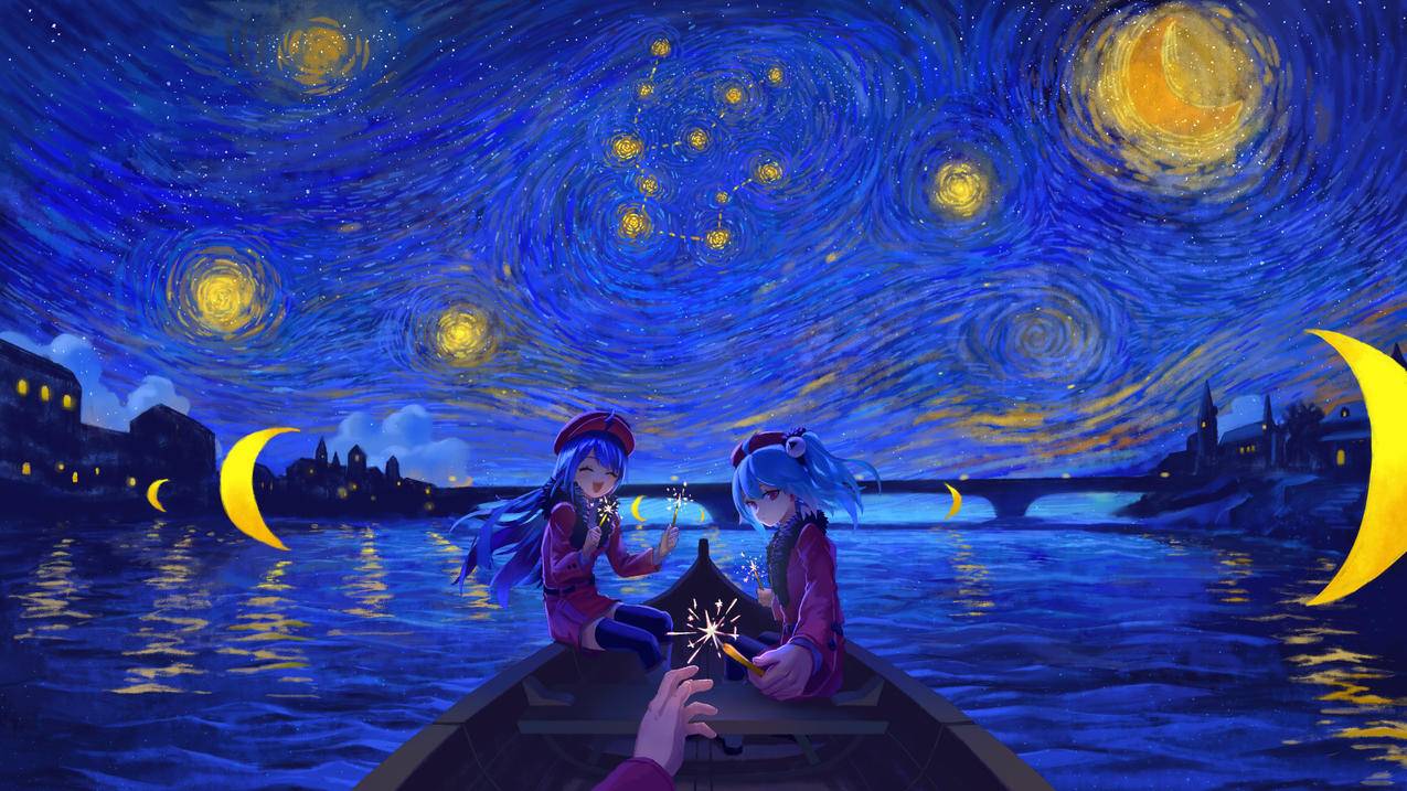 星空 月亮 夜晚 河流 船 女孩 仙女棒 桥 房子 4K高清动漫风景壁纸