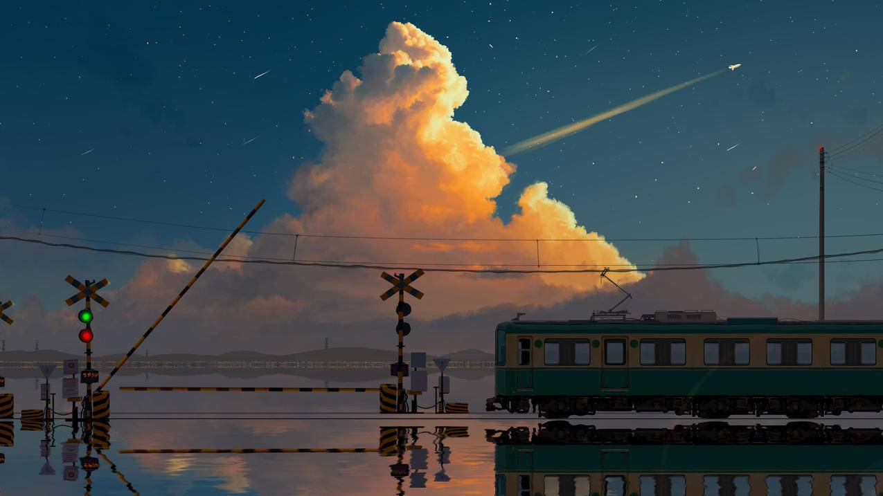 云的彼方 水上列车 湖 云 晚霞 星空 城市 动漫风景场景4k壁纸