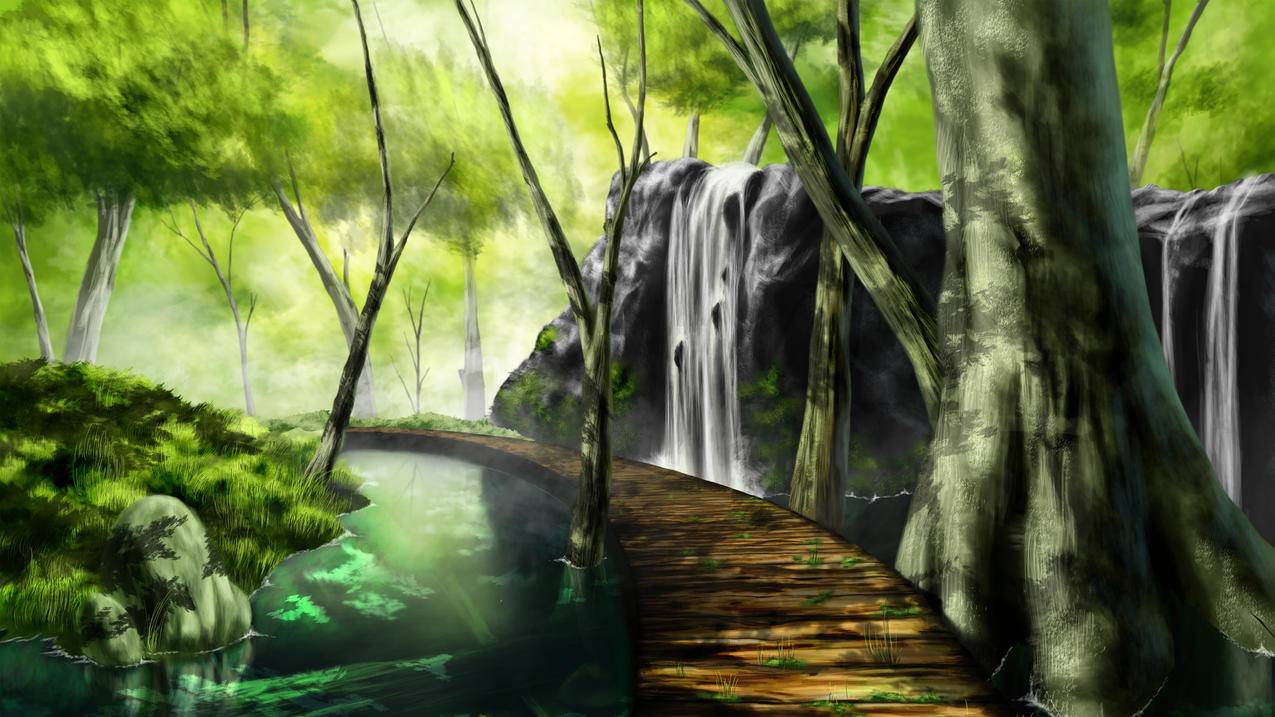 森林 树木 桥 唯美绘画手绘 4k动漫风景壁纸