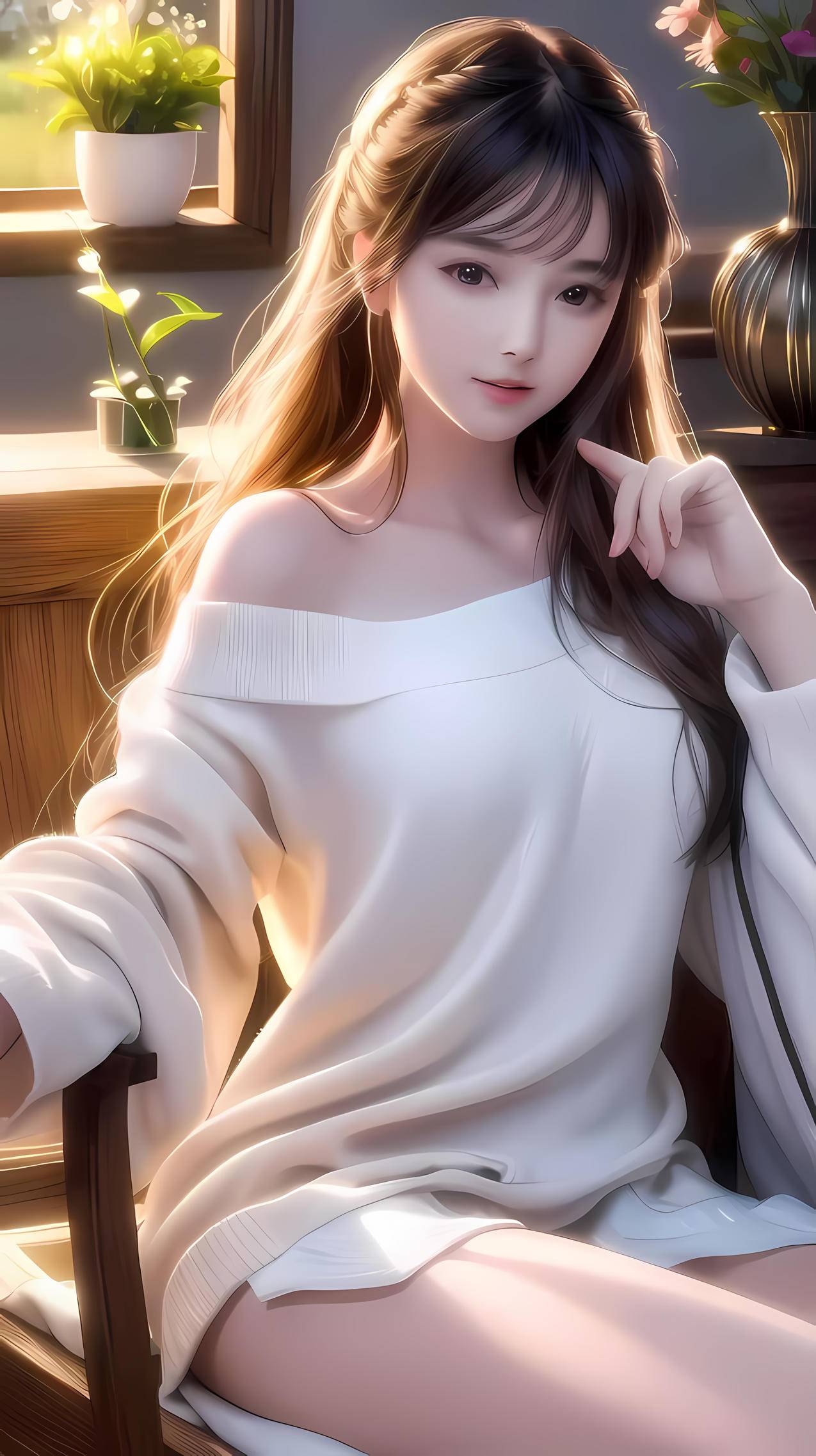 白色衣服优雅动漫美女ai绘画4k手机桌面壁纸