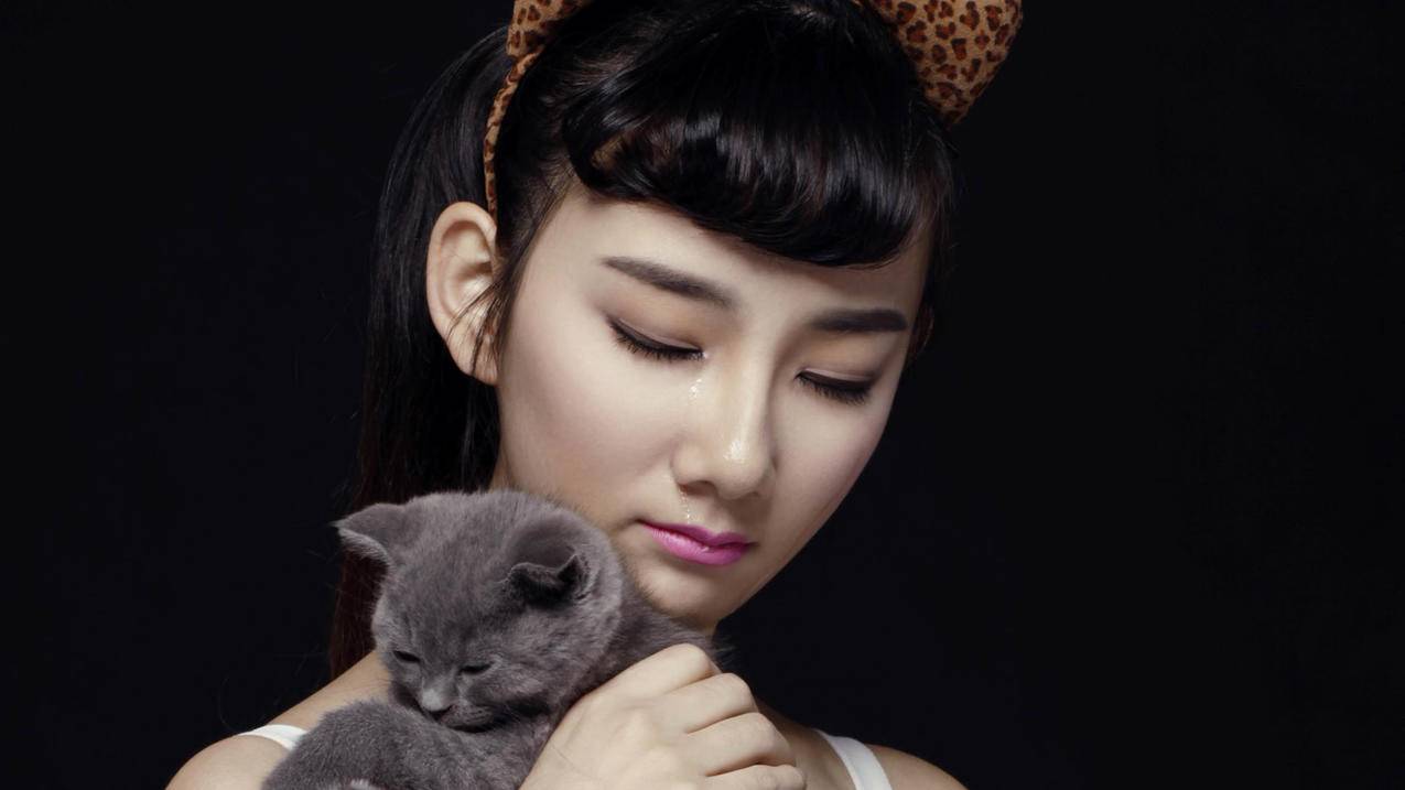 美女猫咪流泪5k壁纸