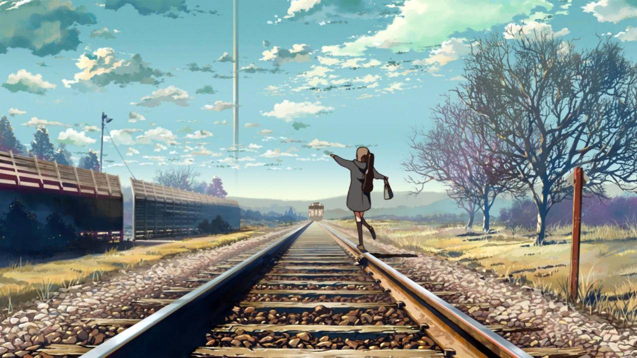铁路上的小女生动漫风景 4k高清壁纸