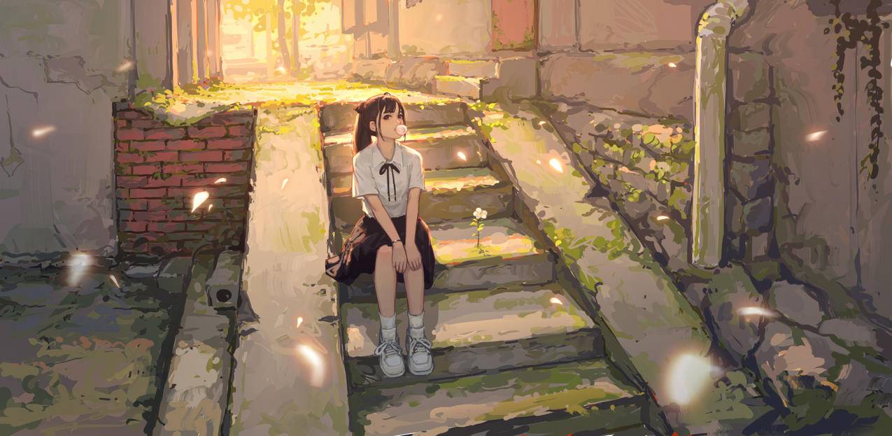 吹泡泡的女孩坐在小巷台阶上 苔藓 小花 4k动漫壁纸