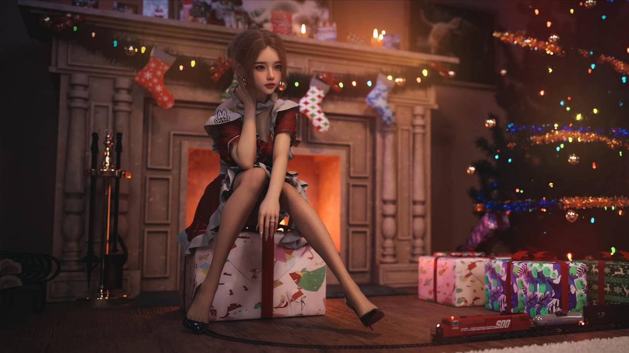 女仆 美腿 高跟鞋 3D 圣诞树 灯 礼物 袜子 玩具火车 4k动漫壁纸