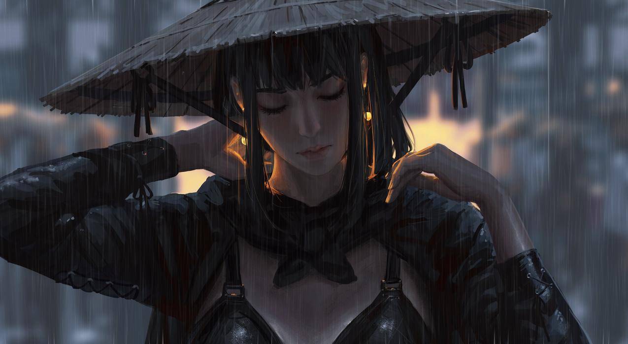 雨天 女孩 闭眼 帽子 唯美好看 4k动漫美女壁纸