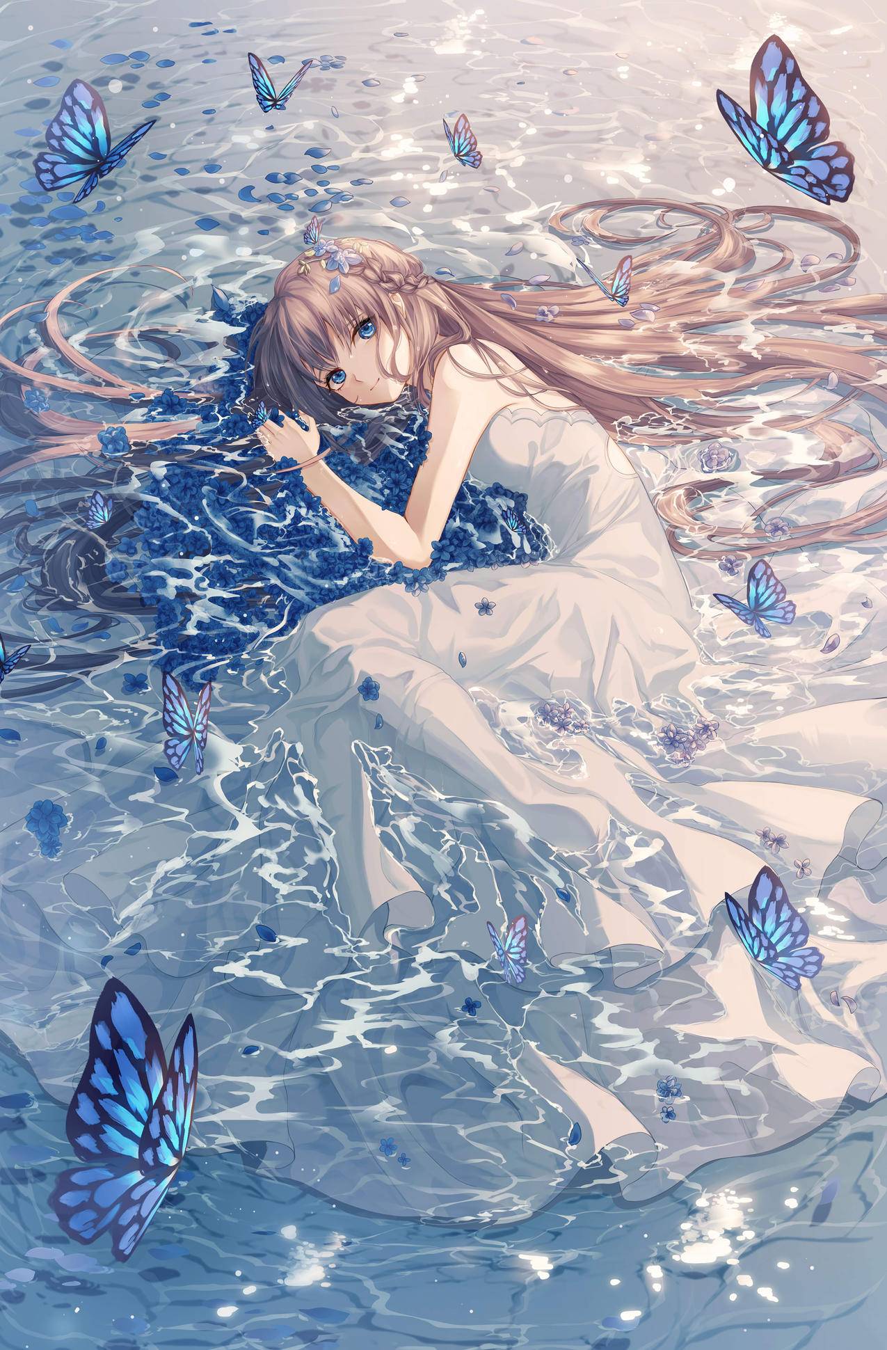 蝴蝶 女孩 白裙 水 蓝花 4K唯美动漫壁纸