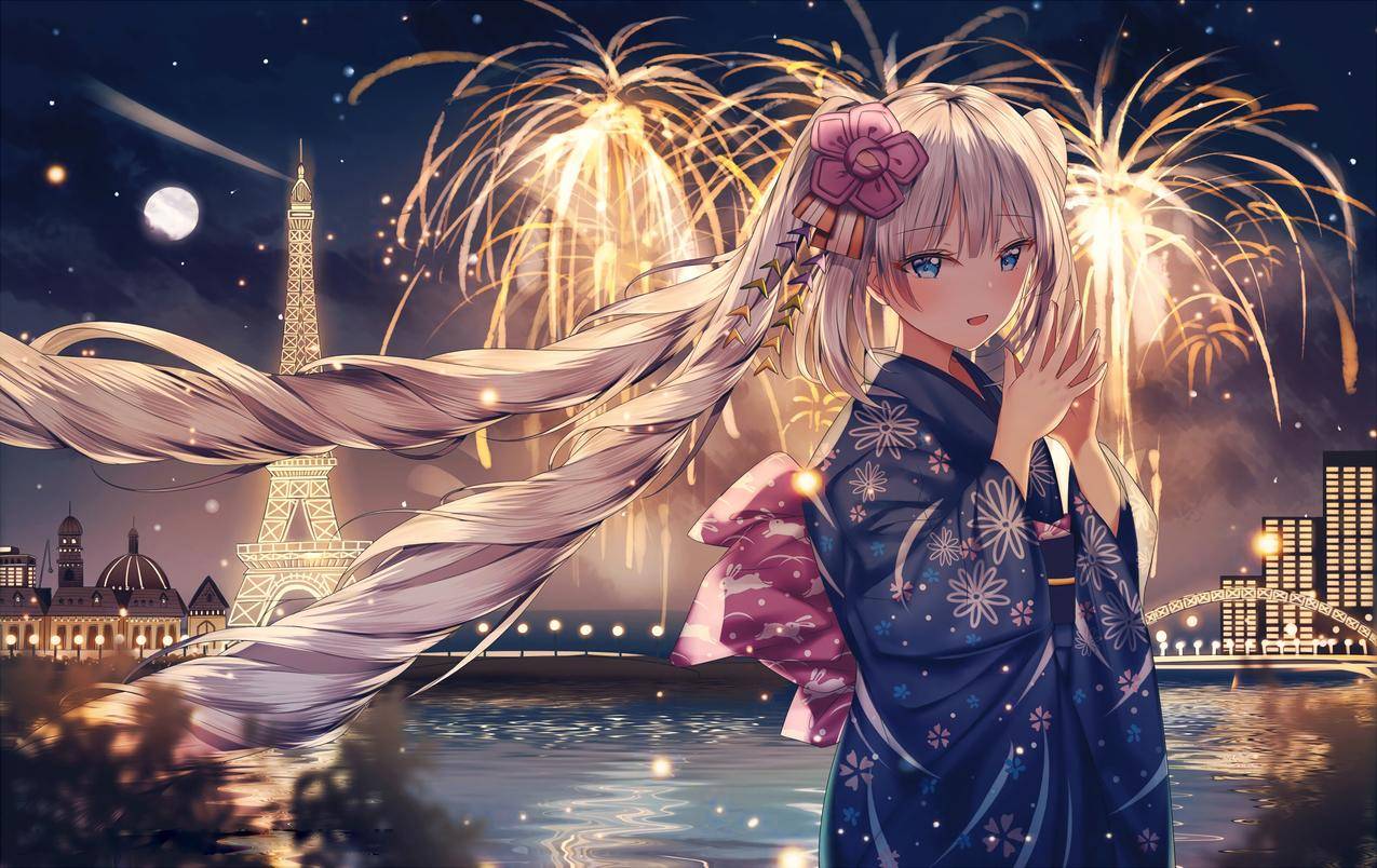 玛丽·安托瓦内特（Fate） 烟花河流桥梁 夜景4k电脑壁纸