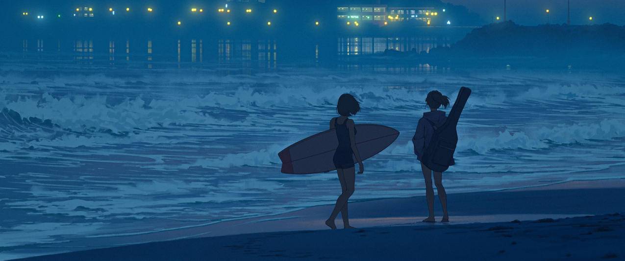 傍晚 海边 海浪 两个女孩 冲浪板 吉他3440x1440带鱼屏壁纸