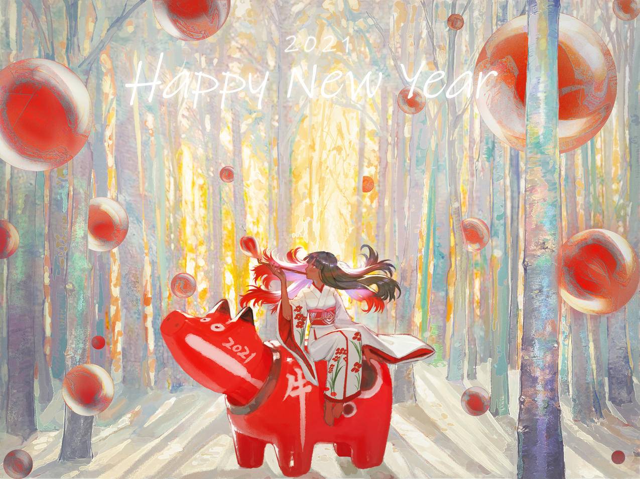 树林 红球 红牛 女孩 和服新年快乐 光 4K高清动漫壁纸