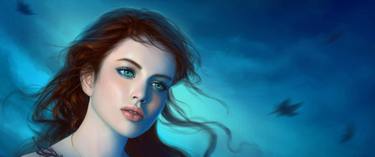 幻想的女孩绿色的眼睛带鱼屏壁纸