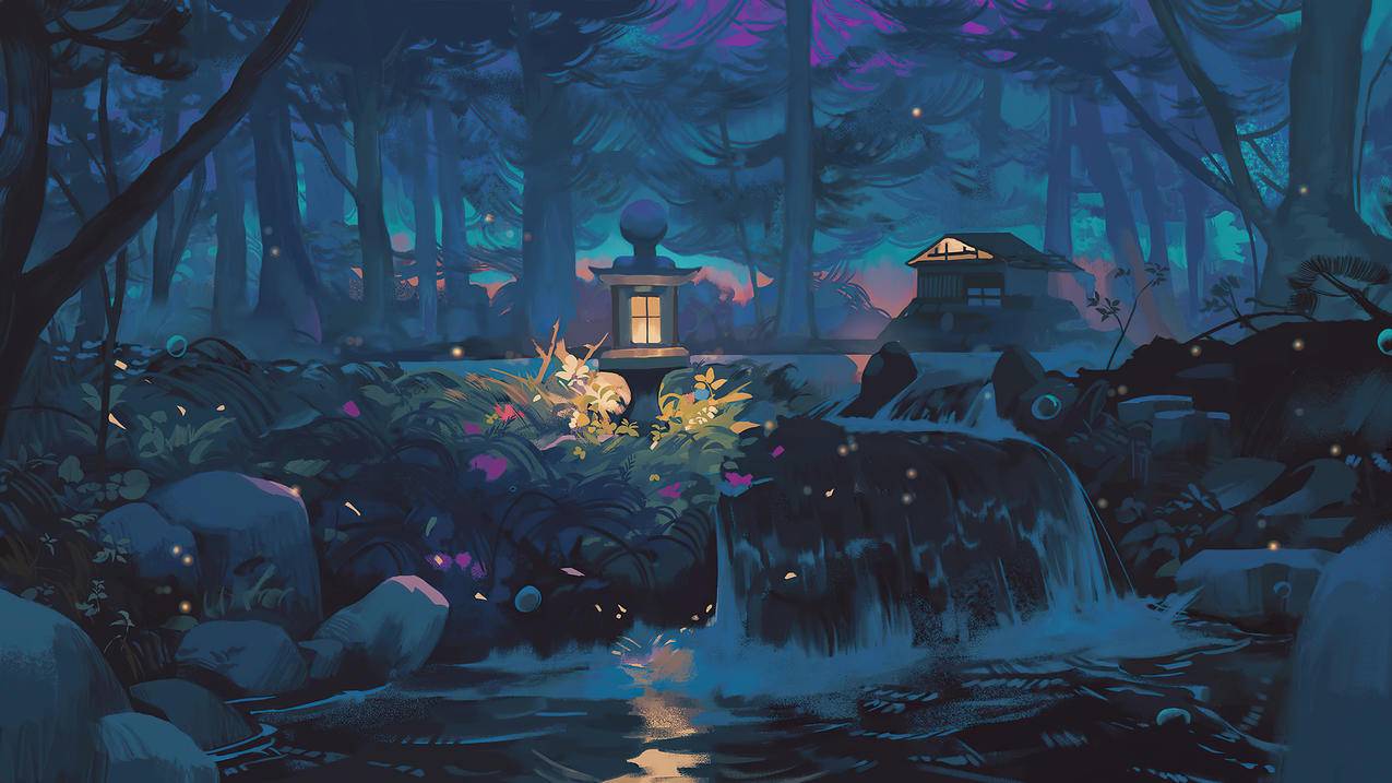 森林 夜晚 自然 树木 房子 瀑布 灯 抽象艺术绘画 4k风景壁纸