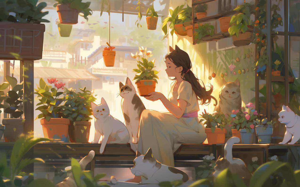 女孩 猫咪 盆栽 2560x1600桌面壁纸