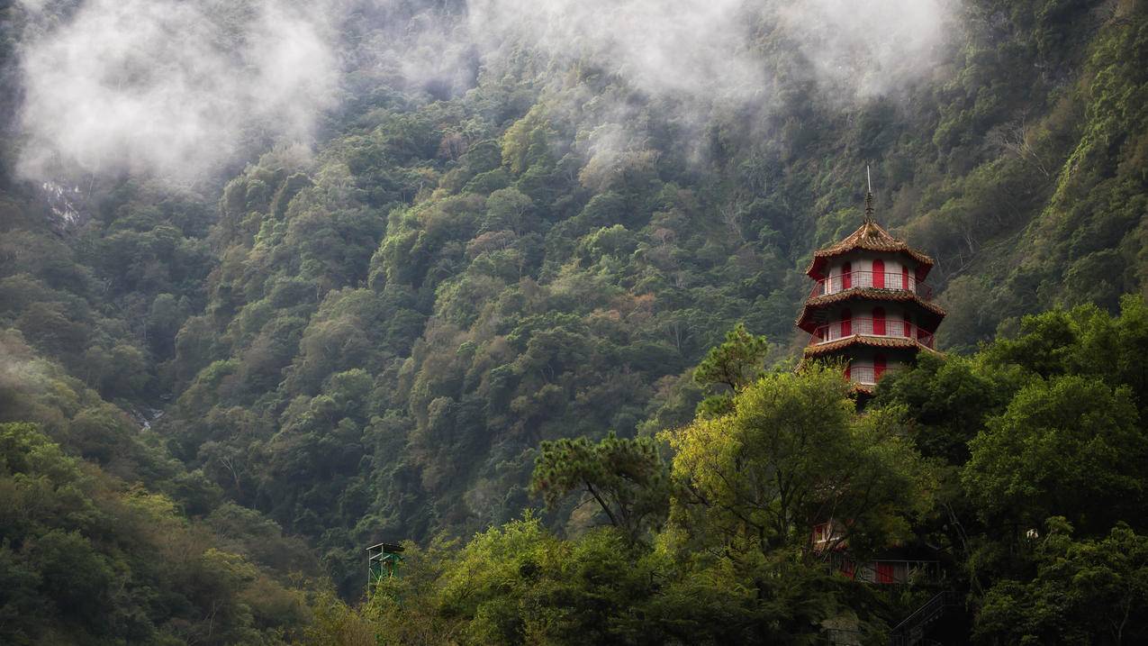 森林山雾塔台湾风景4k壁纸