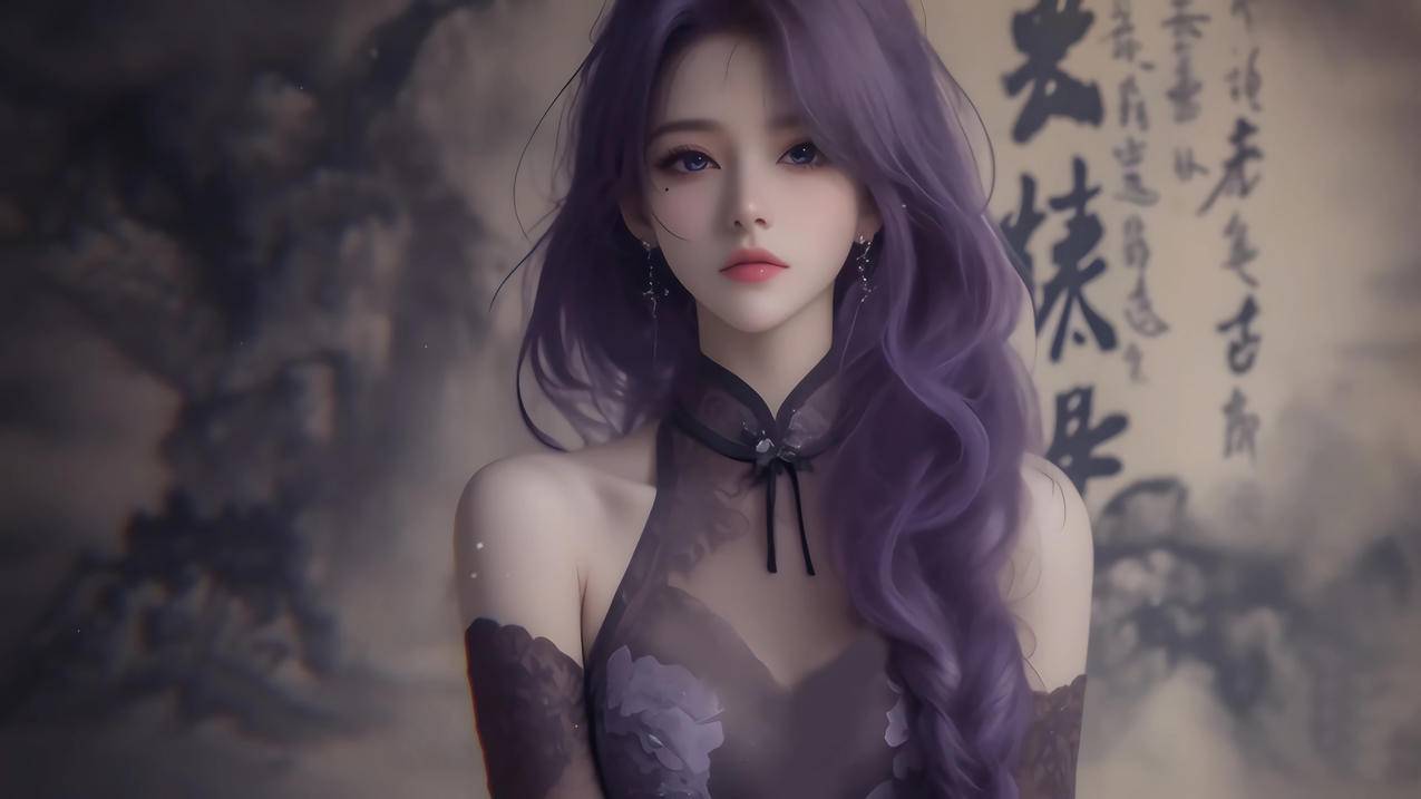 仙侠凌仙 紫色长卷发美女 古风古典 4K壁纸 3840x2160