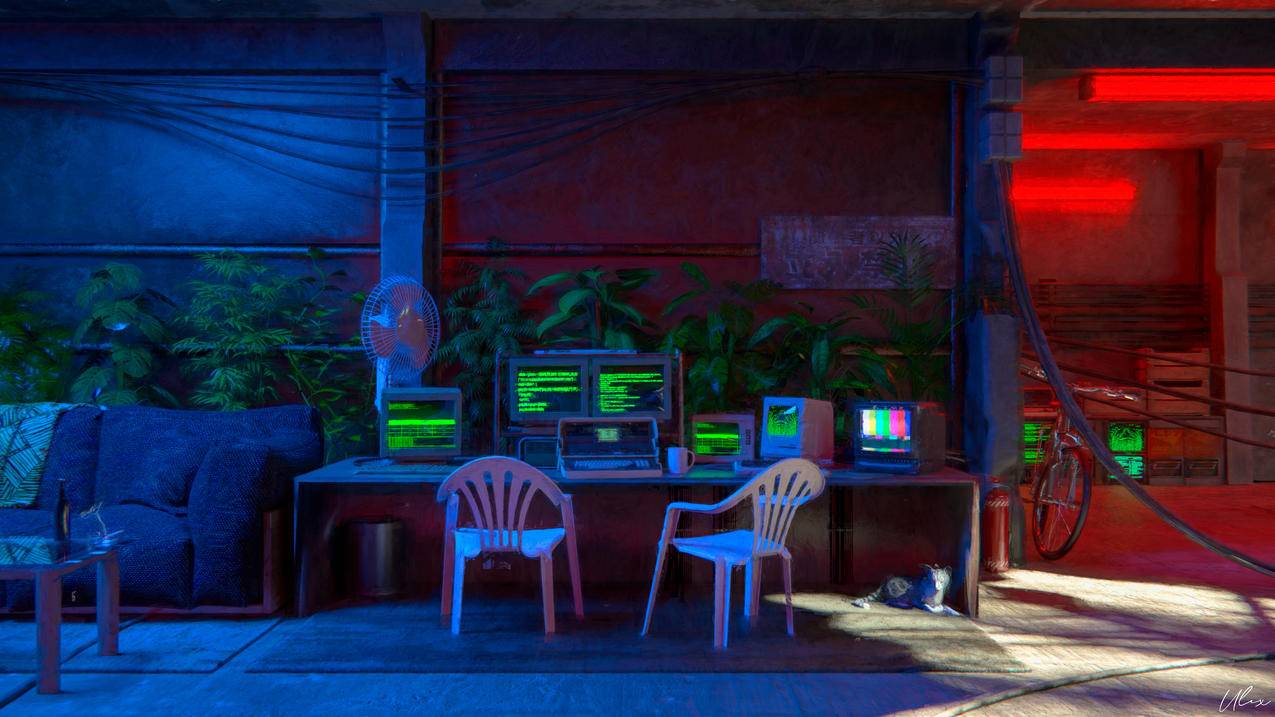 3D CGI 艺术 黑客 地下室 客厅 房间 桌子 椅子 早期旧电脑 程序 猫 4k壁纸