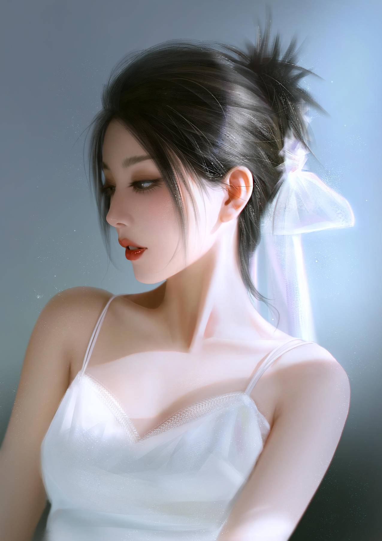 美女 仙气 厚涂 白色 裙子 侧脸 好看 美女 手机壁纸 全面屏