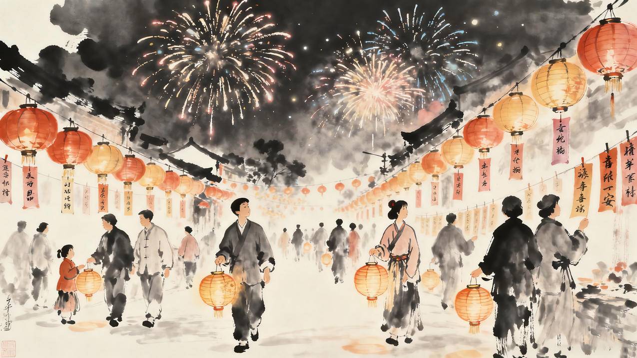 2026新年 烟花 油灯猜字谜 水墨画4k壁纸