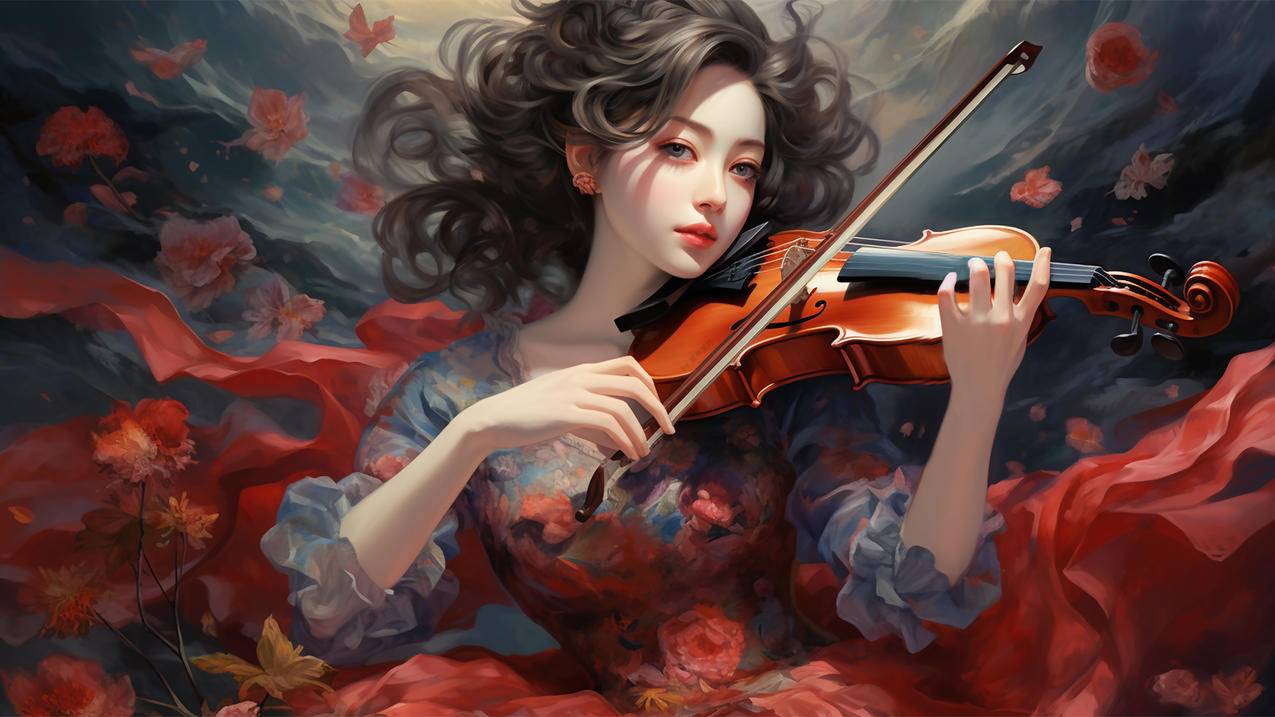  美女 小提琴 唯美花瓣 高清动漫美女4K壁纸