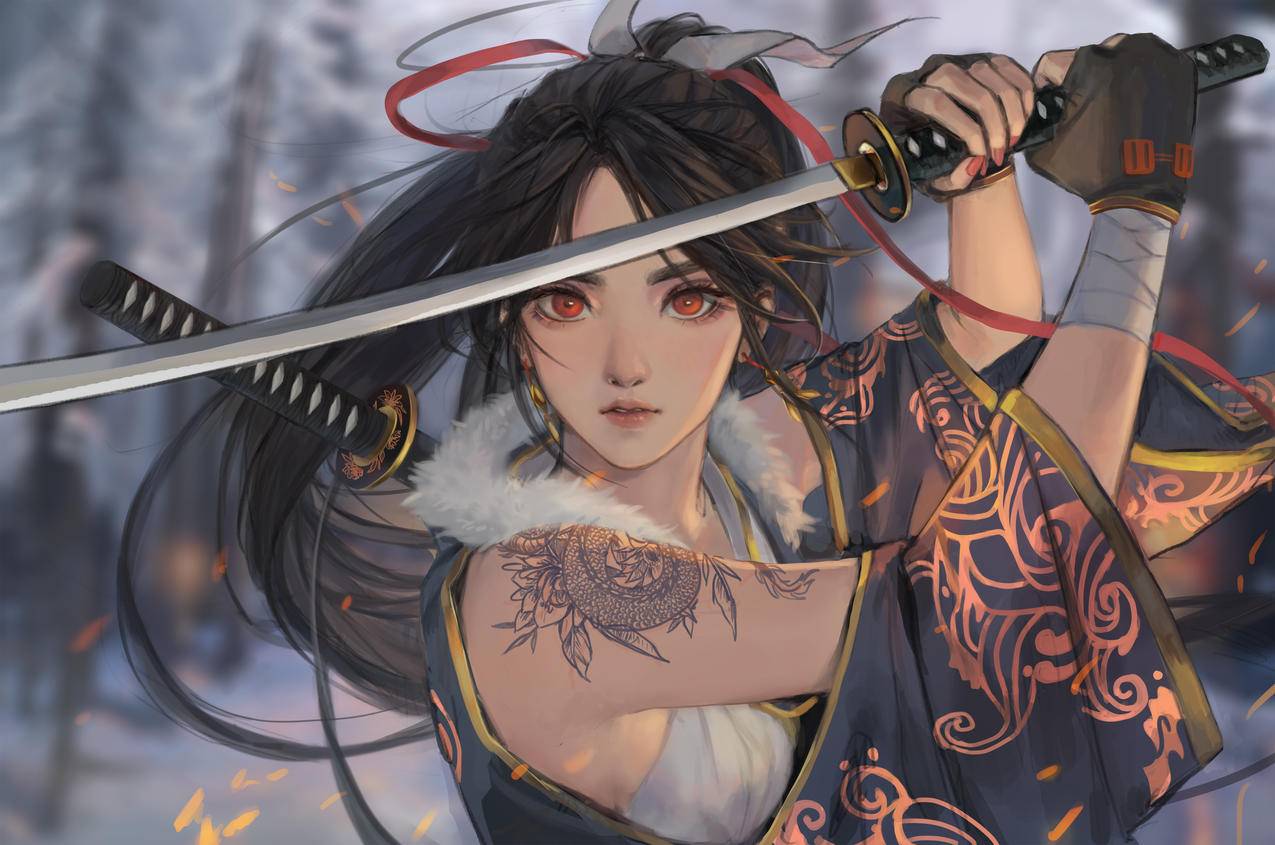 帅气红色眼睛美女 武士刀 纹身 和服 4k动漫壁纸