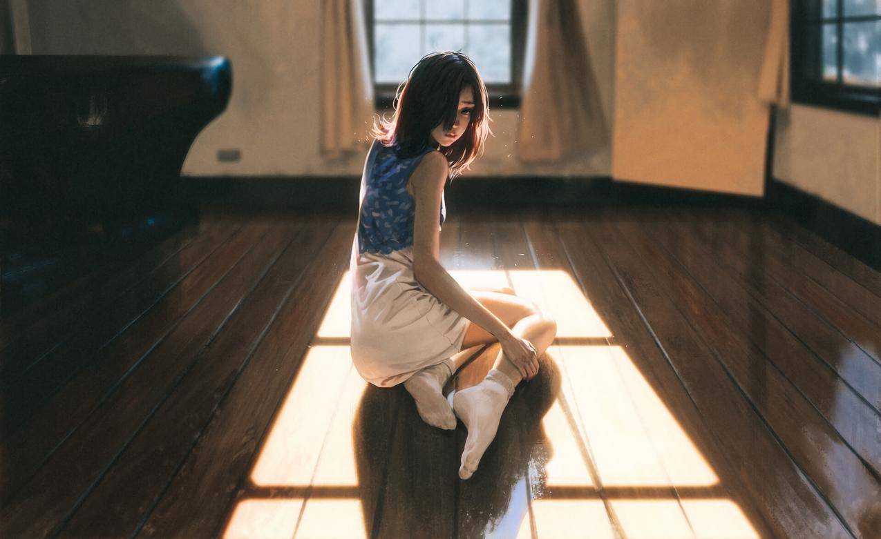 女孩 侧坐在木地板上 室内 窗户 阳光 唯美艺术4k动漫人物壁纸