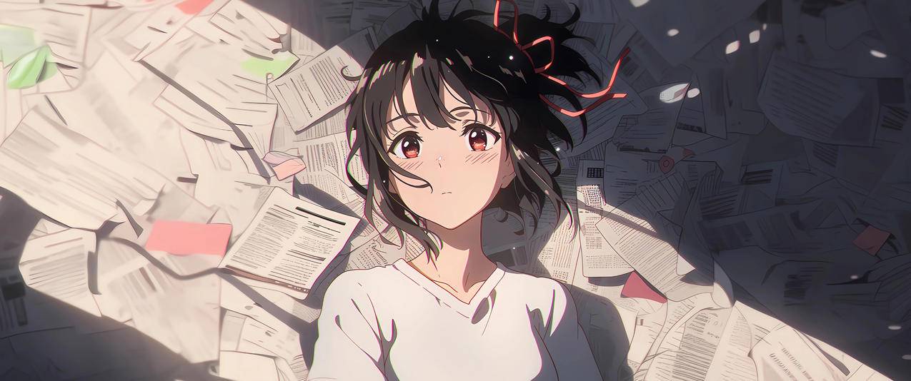 报纸墙 可爱动漫人物少女 3440x1440带鱼屏壁纸