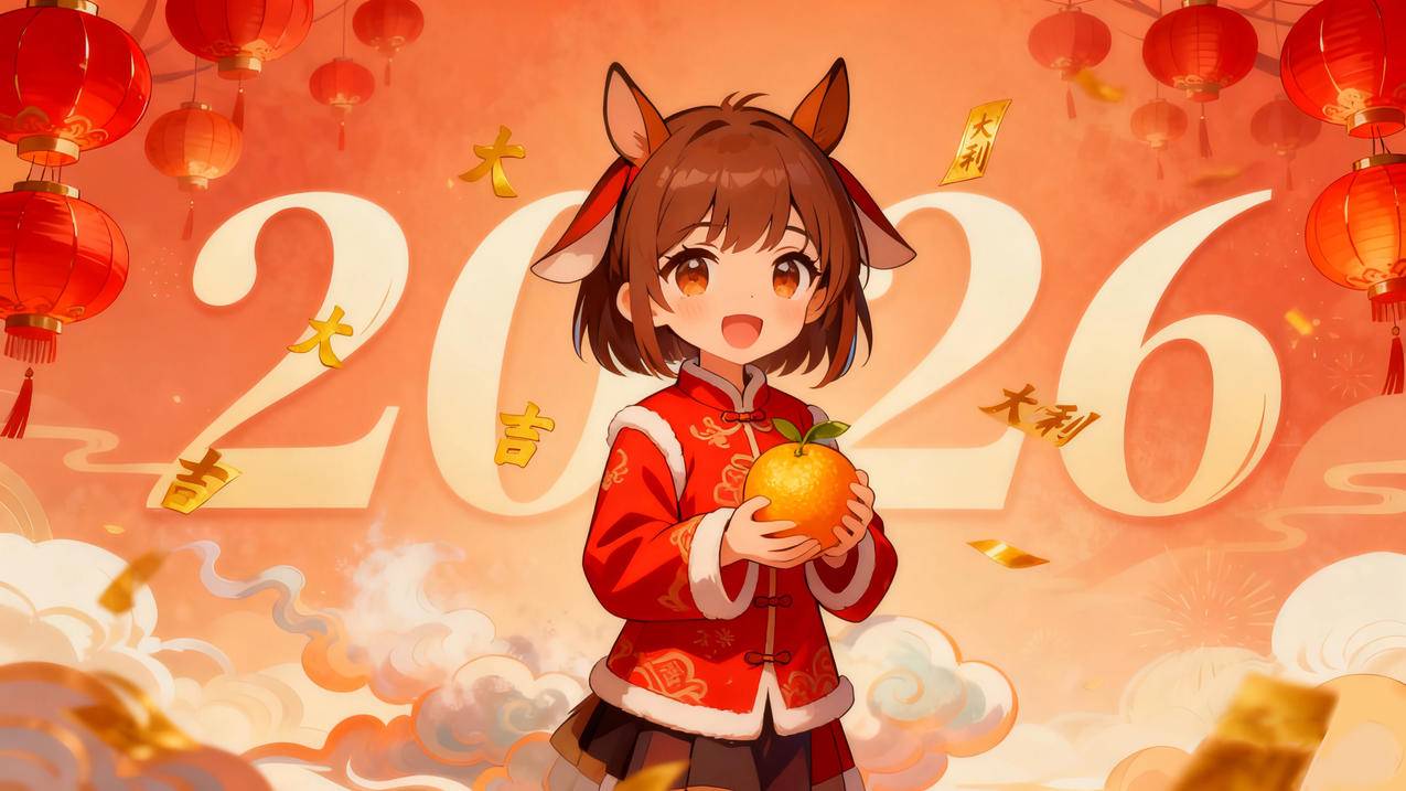 2026大吉大利 新年女孩红色衣服 桔子 4k壁纸