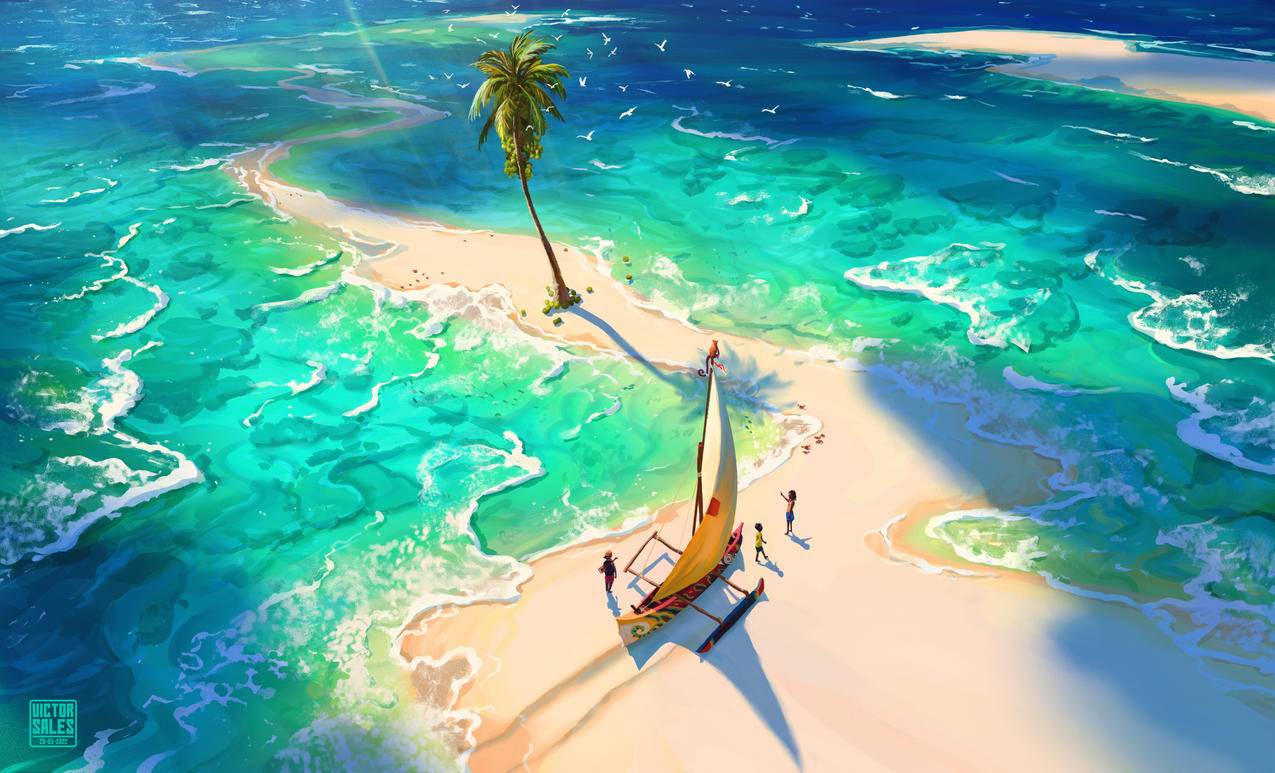 大海 棕榈树 海滩 沙滩 帆船 动漫插图风景5k壁纸