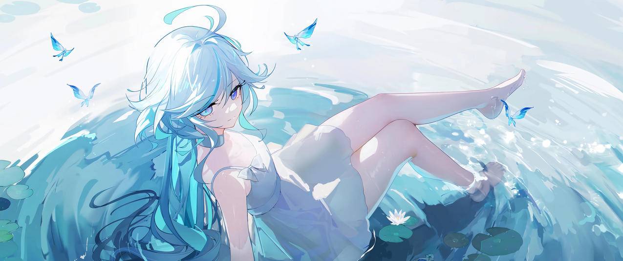 唯美 水中的芙宁娜 3440x1440带鱼屏桌面壁纸