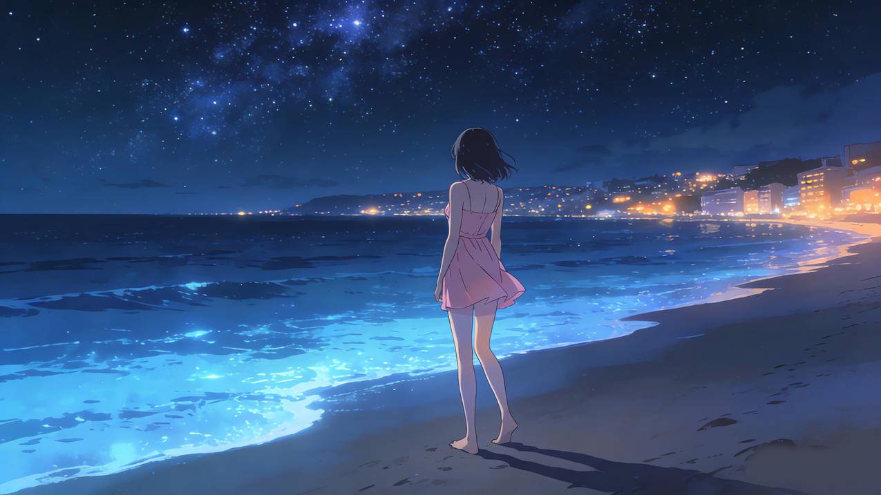 海边 星空 少女背景 粉色裙子 沙滩 唯美 4k壁纸3840x2160