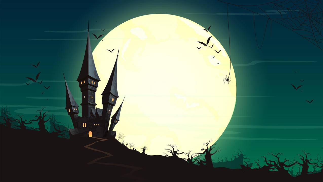 万圣节 晚上 月亮 城堡 蝙蝠 4k高清风景壁纸
