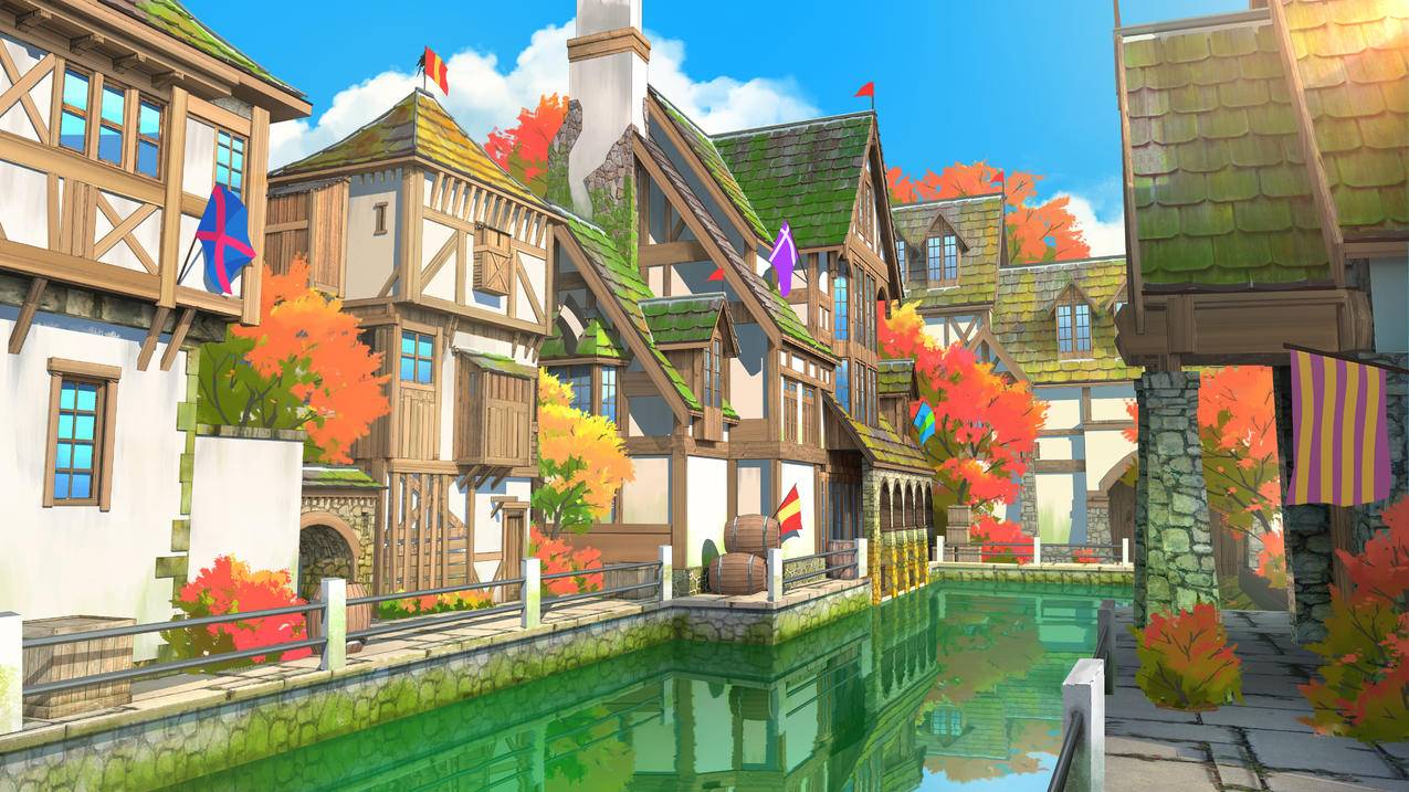 河 房屋 橙色城镇 蓝天 治愈画风 4K超清动漫风景壁纸