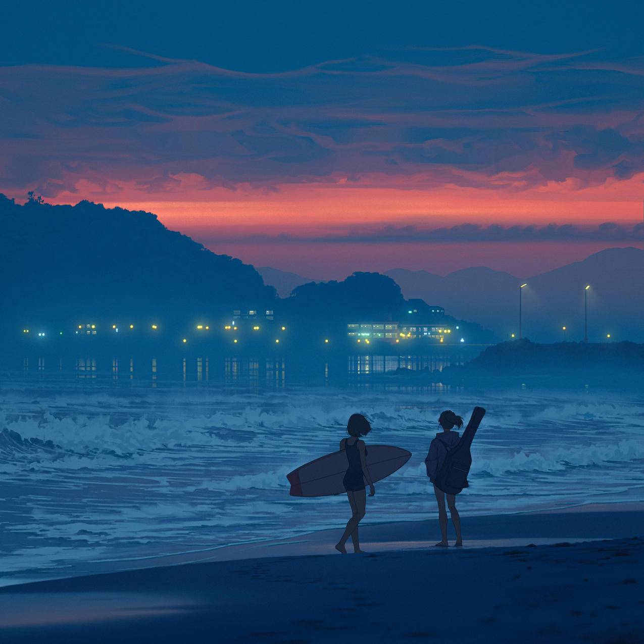 海浪 海边 两个女孩 背影 冲浪板 吉他平板电脑壁纸