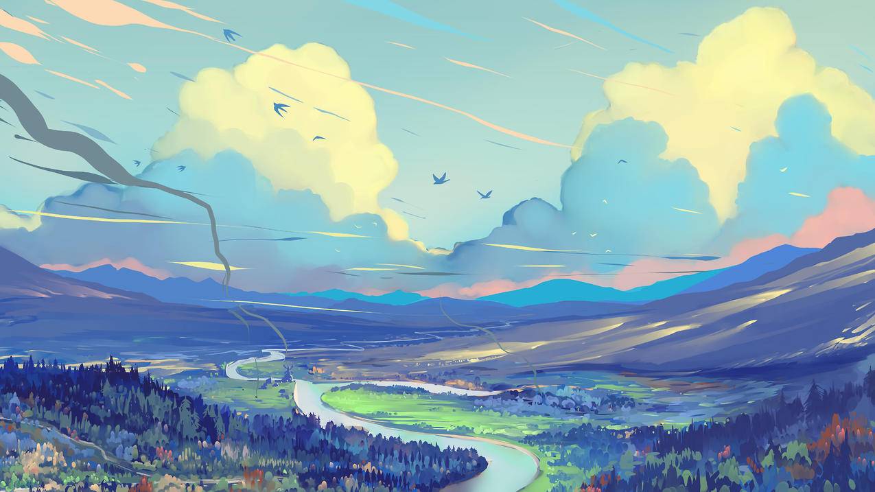 天空 飞鸟 山林 河流 云朵 4K高清动漫风景电脑壁纸