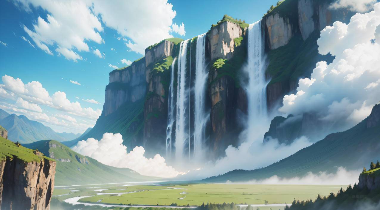 壮丽瀑布风景 高山瀑布流水 山川 河流 蓝天白云风景4k壁纸
