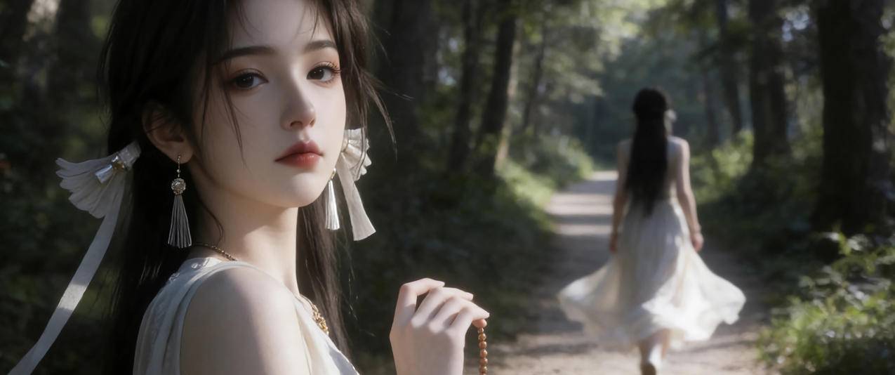 森林白裙美女宋玉3440x1440带鱼屏壁纸