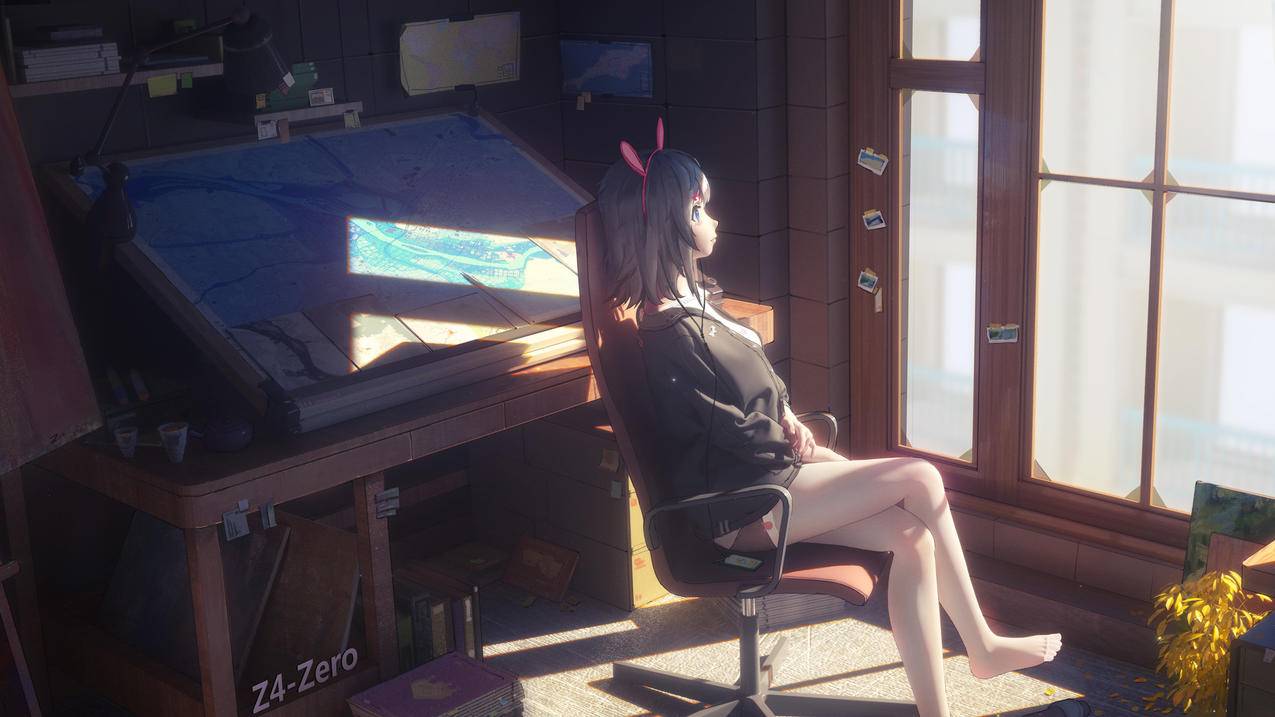 阳光 房间 地图 女孩坐在椅子上 面朝窗户 4K高清动漫壁纸
