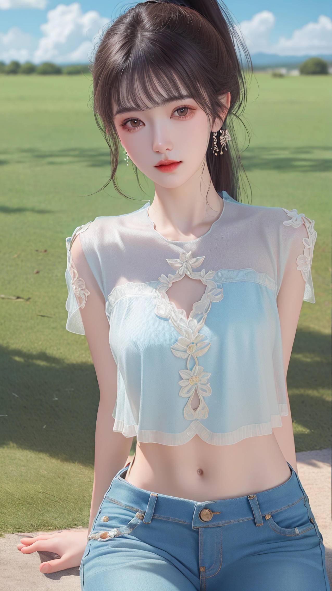 夏天清新美女 夏装 牛仔裤 ai绘画 高清4k手机壁纸
