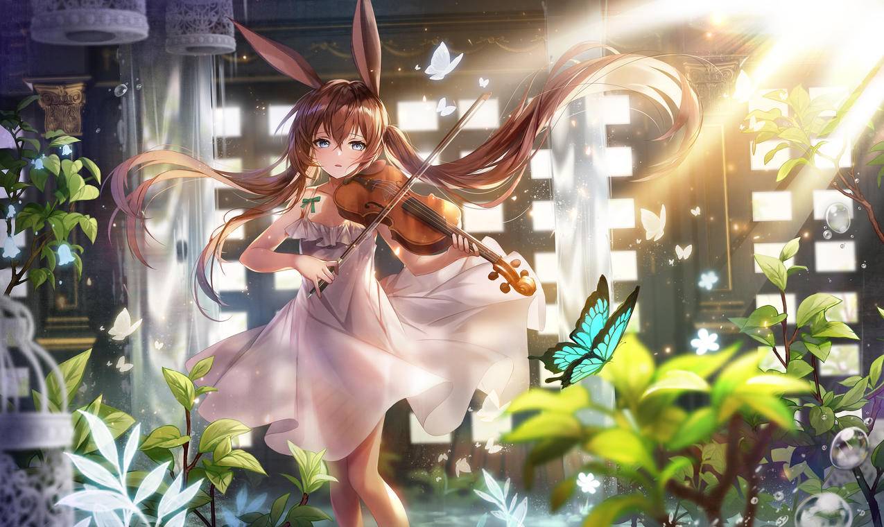 《明日方舟》阿米娅 小提琴 蝴蝶 水流 植物 阳光 4K高清游戏壁纸