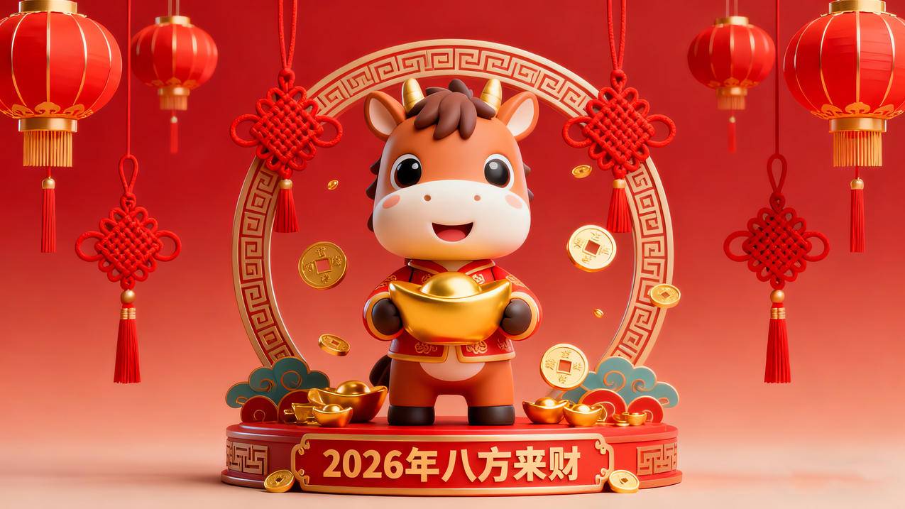 2026年八方来财 新年喜庆背景 可爱小马 元宝4k壁纸