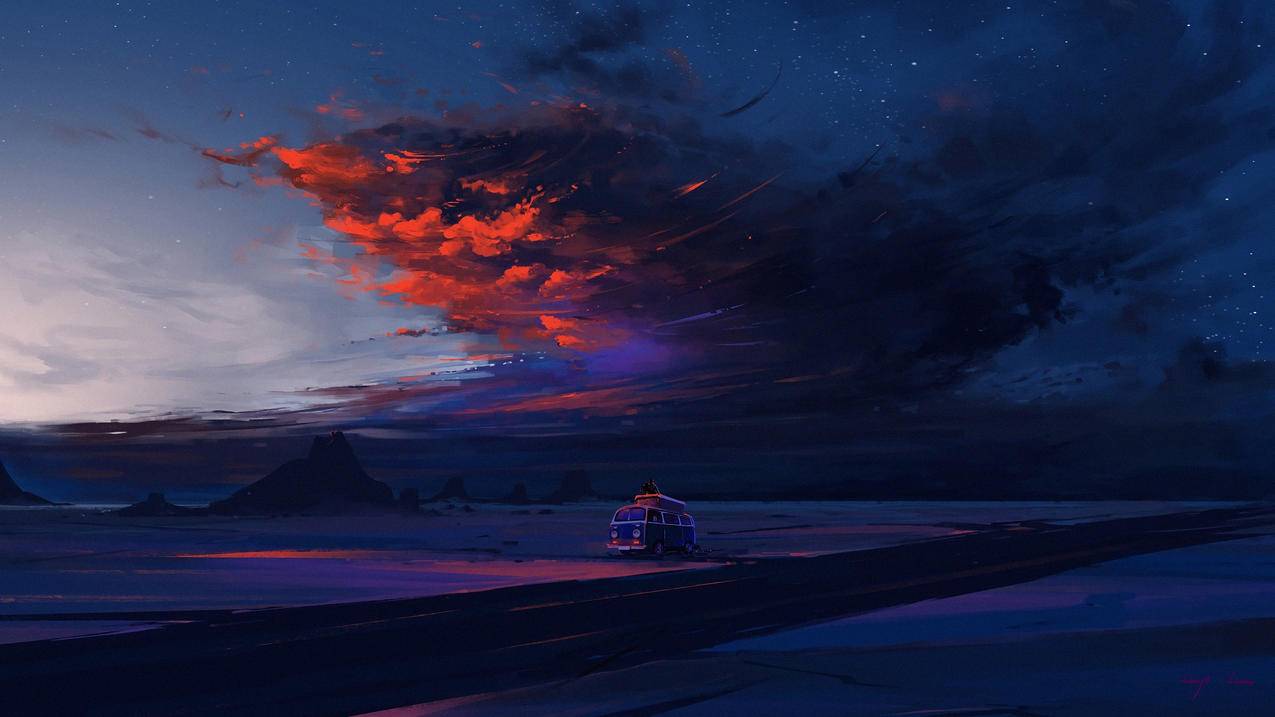 绘画自然风景 云 日落 傍晚 面包车 旅行 沙漠 夜晚 天空 4k电脑壁纸