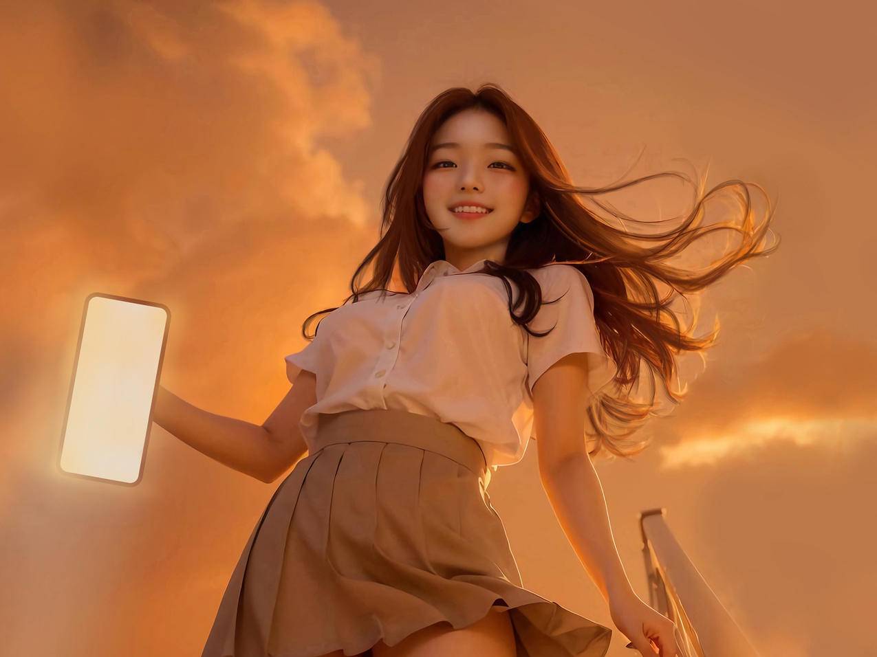 微笑女孩 白色衬衫 百褶裙 天空 云 唯美 平板电脑壁纸